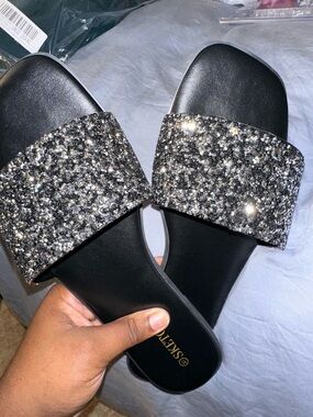 Women's 11 Black Glitter Slide Sandals